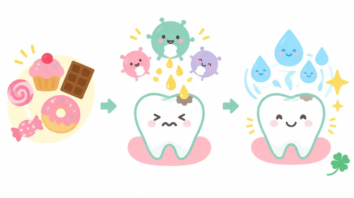 糖分を食べた虫歯菌が酸を出し、唾液が歯を修復するしくみのイラスト