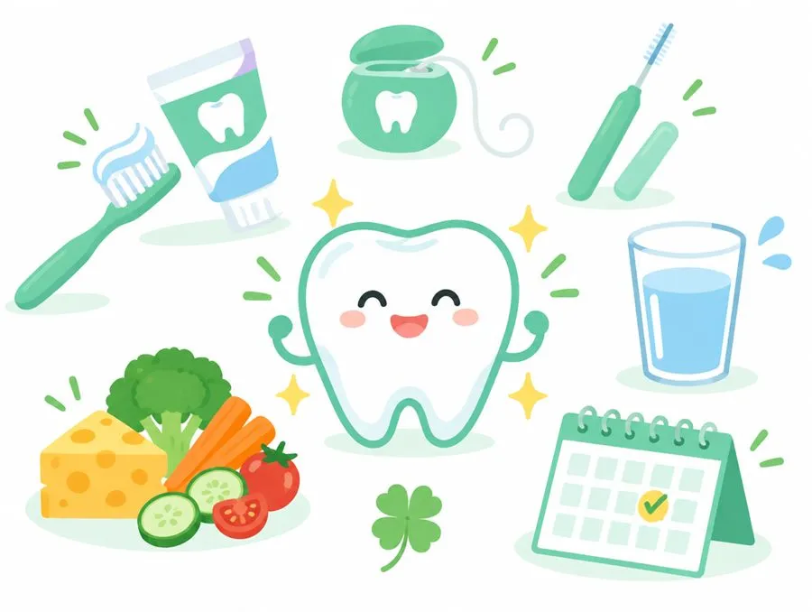歯ブラシ・フロス・フッ素入り歯みがき剤など虫歯予防のイラスト