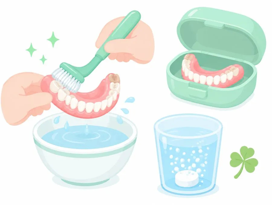 入れ歯用ブラシと洗浄剤でのお手入れのイラスト