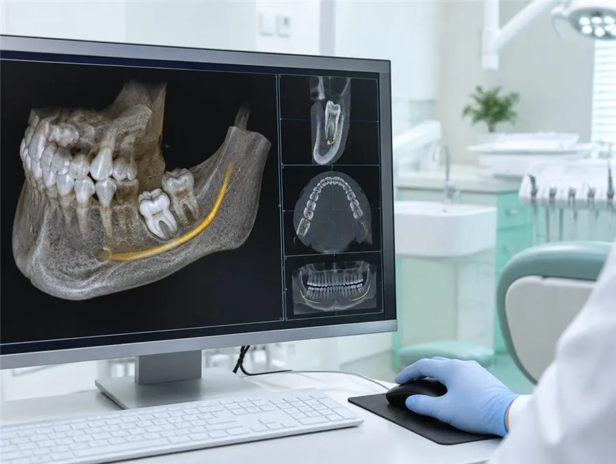 歯科用CTの3D画像で親知らずと神経の位置を確認している画面