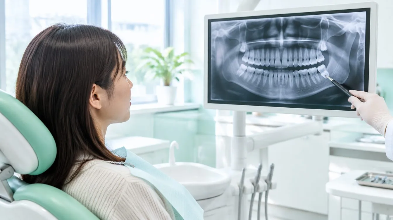 レントゲン画像で親知らずの説明を受ける患者さま